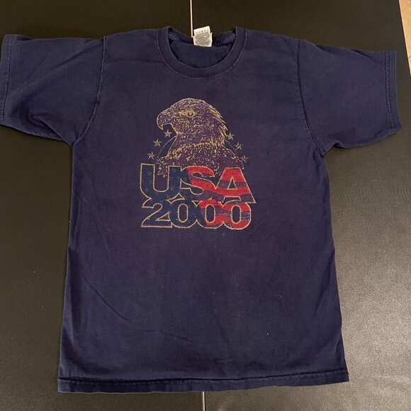 Y2K 2000 USA Eagle Graphic Tee Fruit of the Loom M Navy Blue Vintage Grunge Tee - Picture 2 of 7